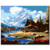 Mountain scene with log cabin - painting by numbers