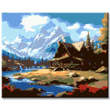 Mountain scene with log cabin - painting by numbers