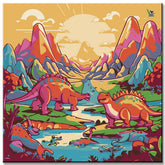 Painting by numbers for children: Dinosaurs in a primeval landscape