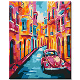Painting by numbers: picturesque old town with car art