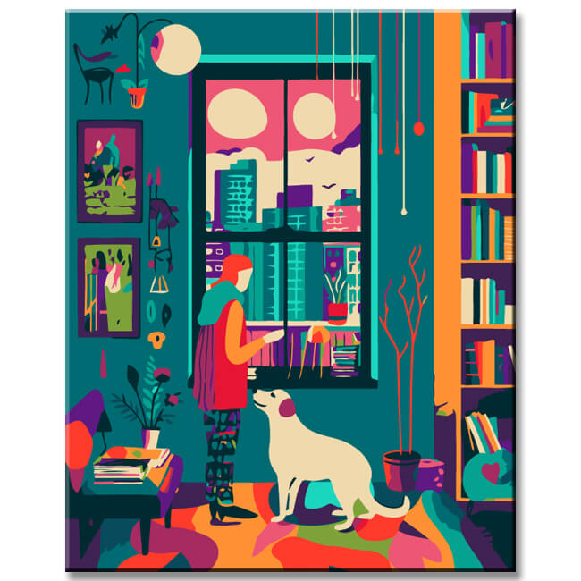 Painting by numbers: city apartment dog with woman