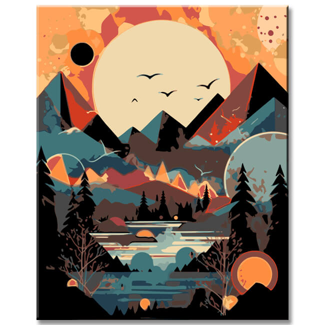 Painting by Numbers - Minimalist Landscape Poster: Mountains and Sun