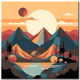 Painting by numbers - Minimalist landscape poster: mountains, sun, day and night, boho midcentury