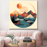 Painting by numbers - Minimalist landscape poster: mountains, sun, day and night, boho midcentury