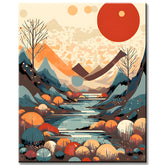 Paint by numbers landscape painting of a river with mountains and trees