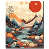 Paint by numbers landscape painting of a river with mountains and trees