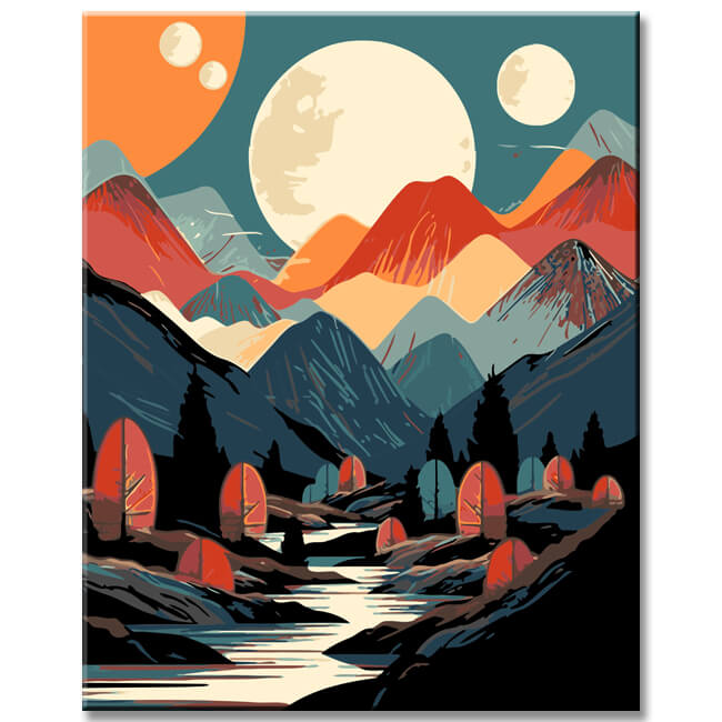 Painting by numbers - Minimalist landscape: mountains, sun, day and night, boho-midcentury art