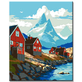 Red huts in Norway - painting by numbers