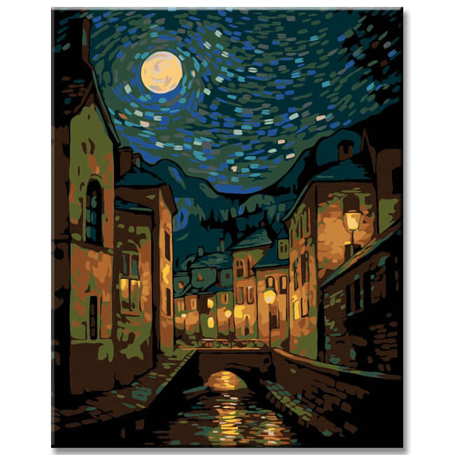 Moonlight old town at night - painting by numbers