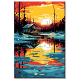 Wooden House in Winter Landscape Painting by Numbers
