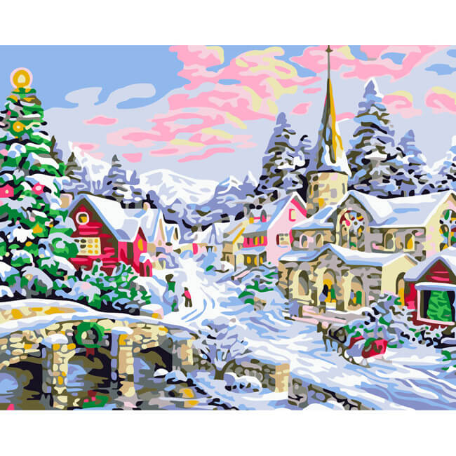 Painting by numbers village in winter
