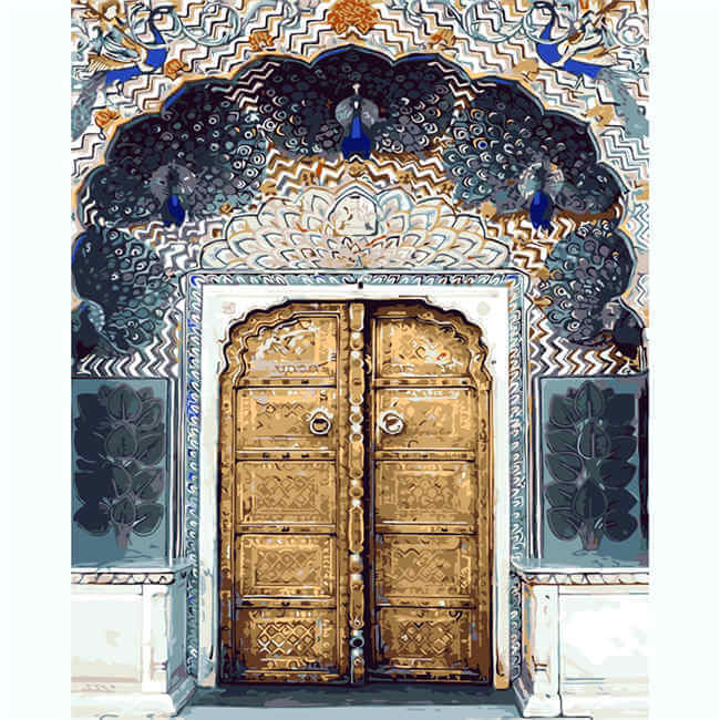 Paint by numbers wooden door with peacocks