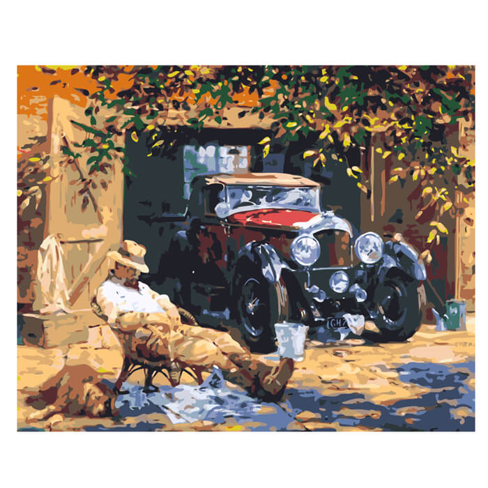 Paint by numbers farmer and vintage cars