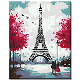 Paint-by-number Eiffel Tower in black and white with red trees