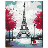 Paint-by-number Eiffel Tower in black and white with red trees