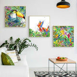 Paint by Numbers Triptych Parrots Butterflies Toucan