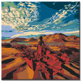Painting by numbers woman in red dress in desert