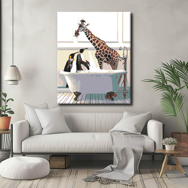 Painting by numbers penguins and giraffe in the bathtub