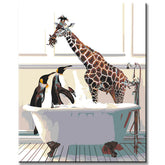 Painting by numbers penguins and giraffe in the bathtub