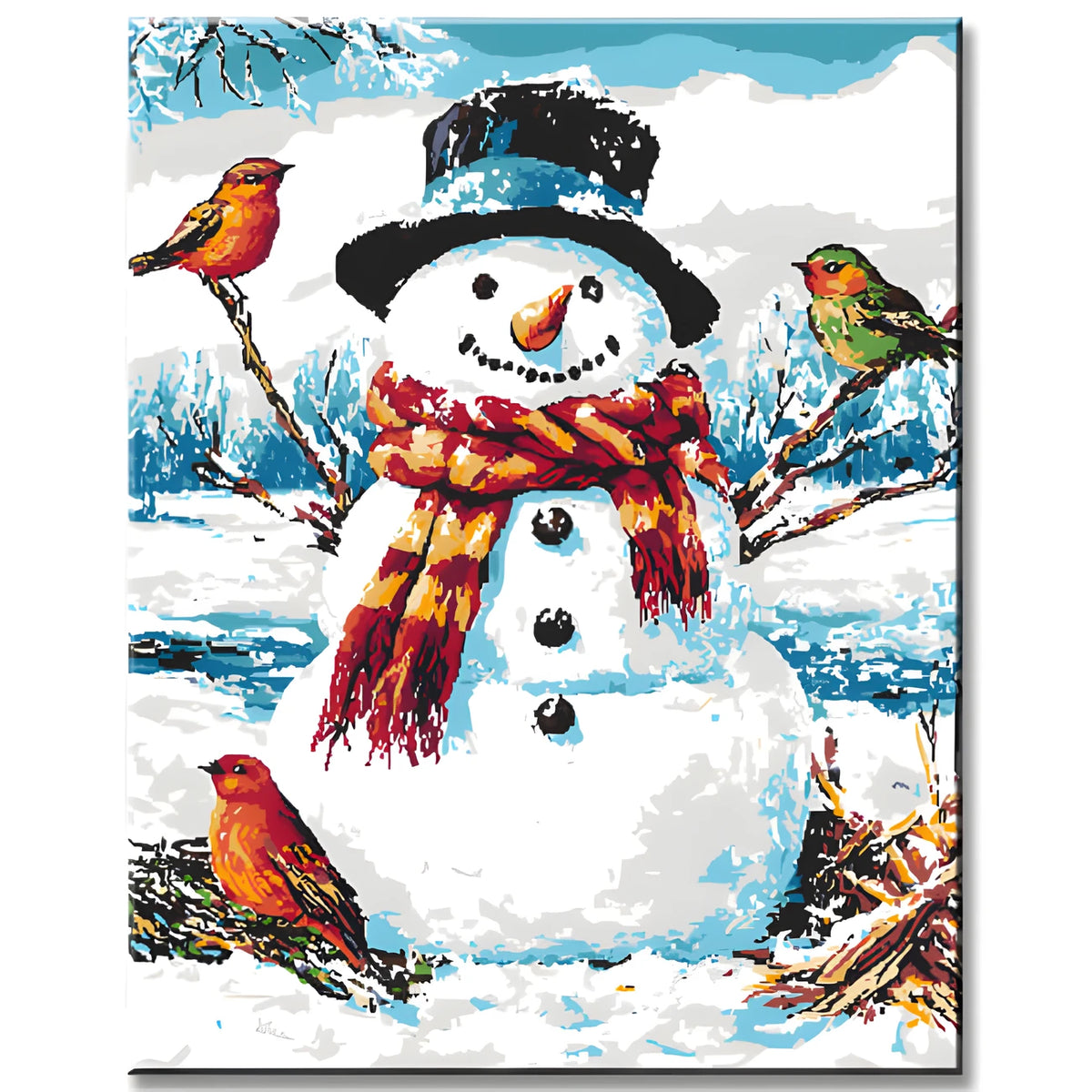 Paint by numbers snowman with birds