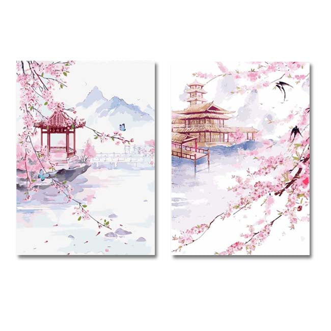 Painting by Numbers Blooming Garden with PaviIlion in China 2-Panel