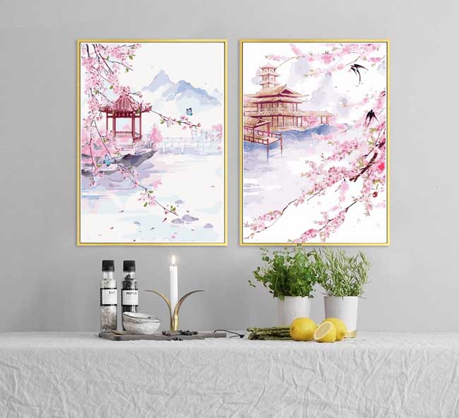 Painting by Numbers Blooming Garden with PaviIlion in China 2-Panel