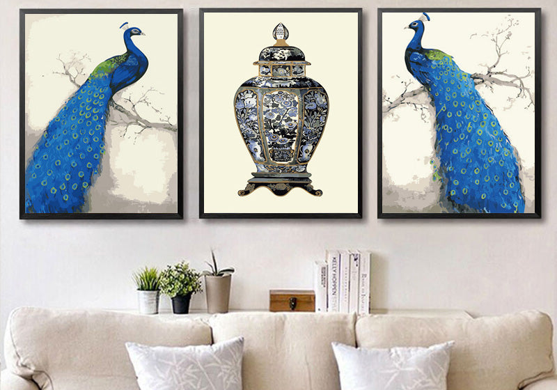 Paint by Numbers Adults Blue Peacock with DecoratIVe Vase Triptych