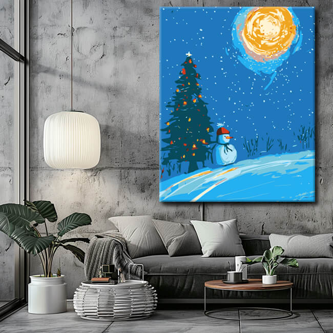Painting by numbers snowman in the winter night