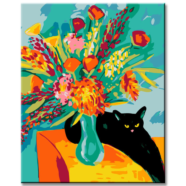 Painting by numbers Black cat with bouquet of flowers