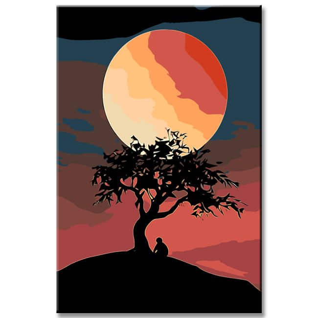 Painting by Numbers Photo Art Red Full Moon with Tree in The Night Sky