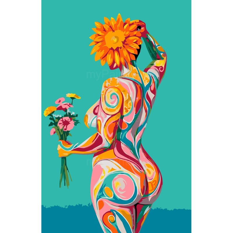 Paint by Numbers nude woman sunflower colorful back view