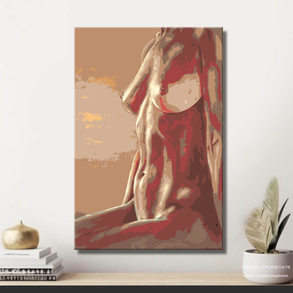Nude woman side view red beige abstract modern DIY art wall decor modern artwork