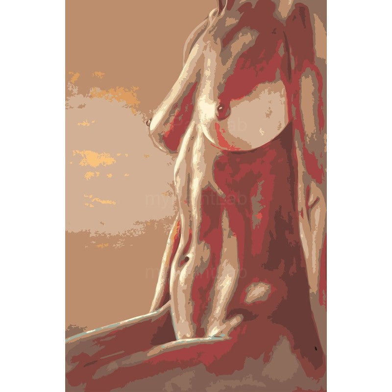 Nude woman side view red beige abstract modern