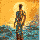 Nude man in water back view sunlight nature