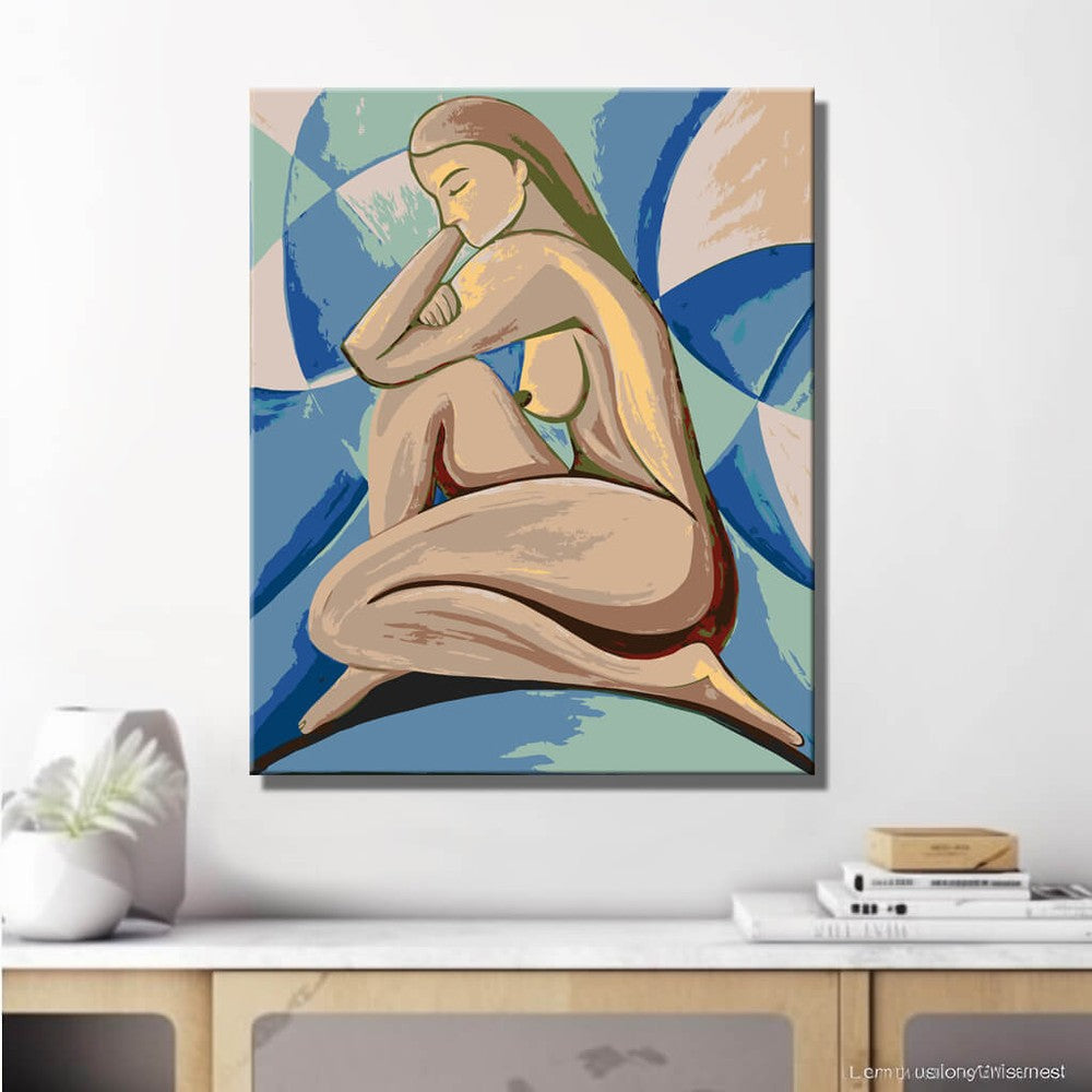 Nude woman sitting blue geometric modern DIY art wall decor modern artwork