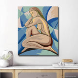 Nude woman sitting blue geometric modern DIY art wall decor modern artwork