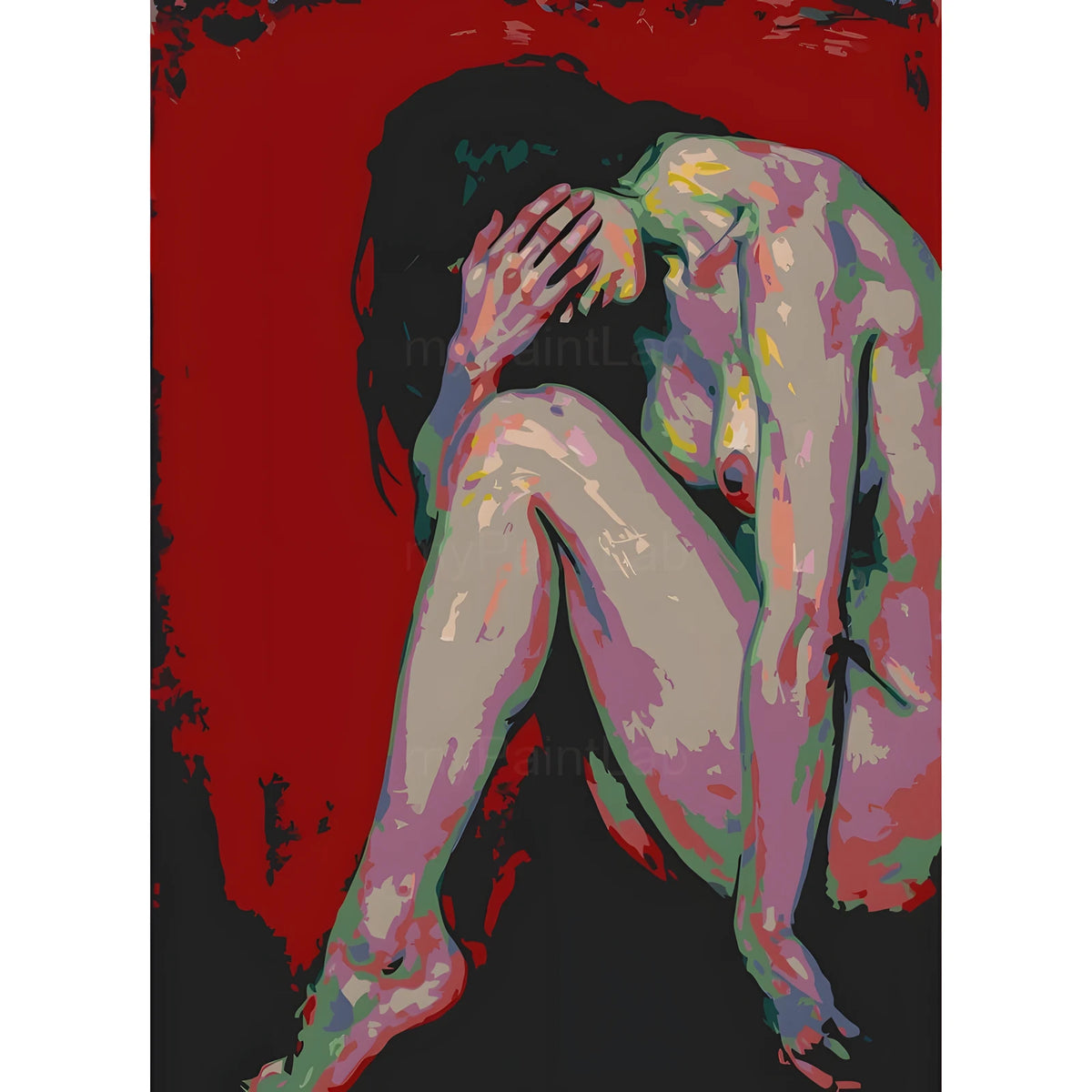 DIY Paint by Numbers Nude Woman Colorful Curled Up Red Background