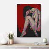 Nude woman curled up colorful red background DIY art wall decor modern artwork
