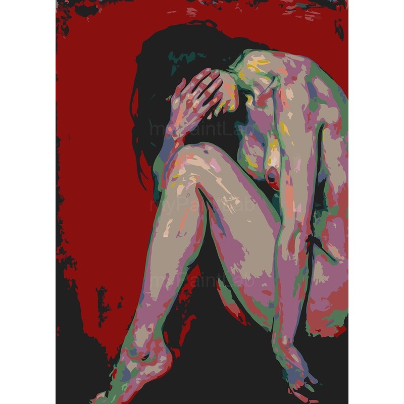Nude woman curled up colorful red background