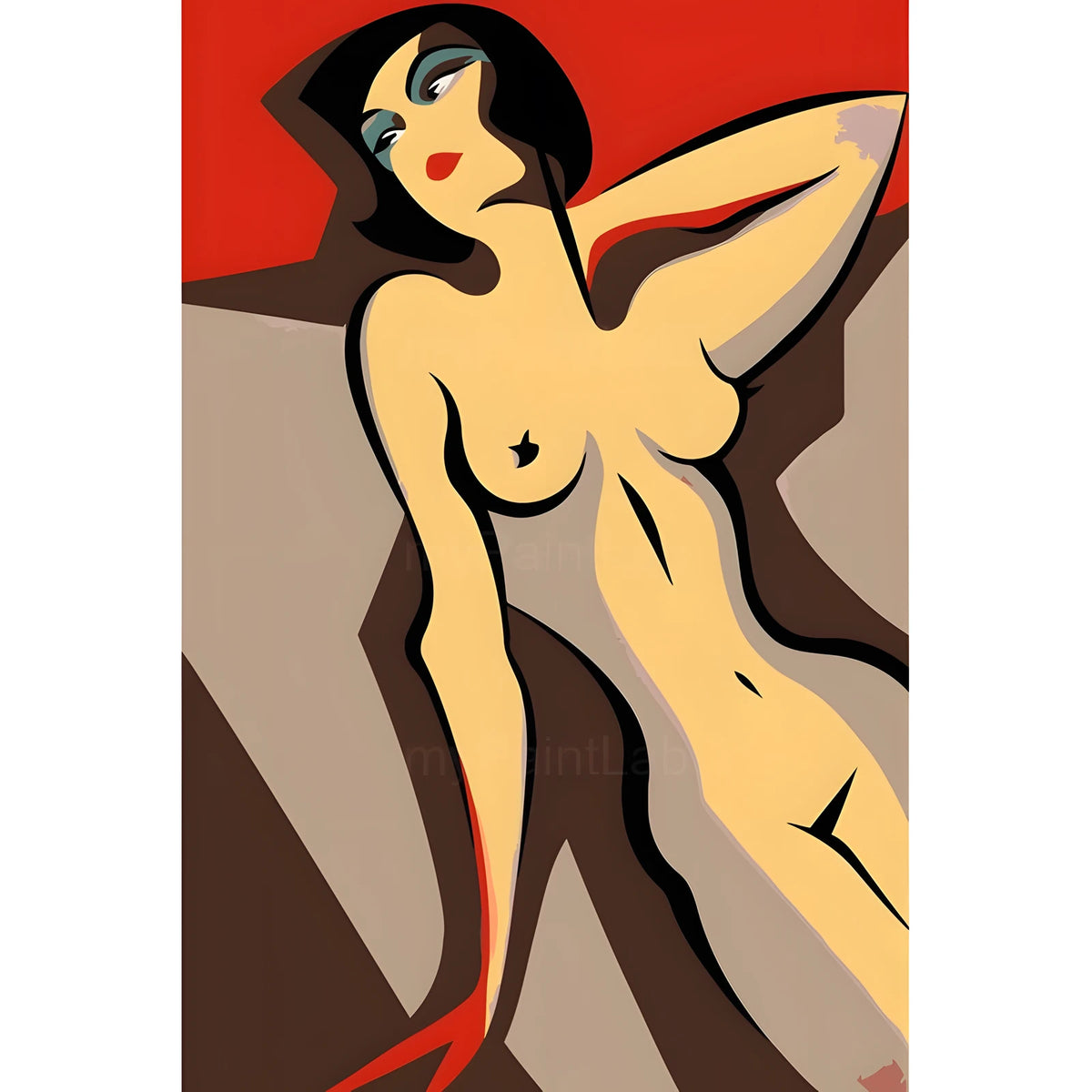 DIY Paint by Numbers Nude Woman Minimalist Line Art Red Background