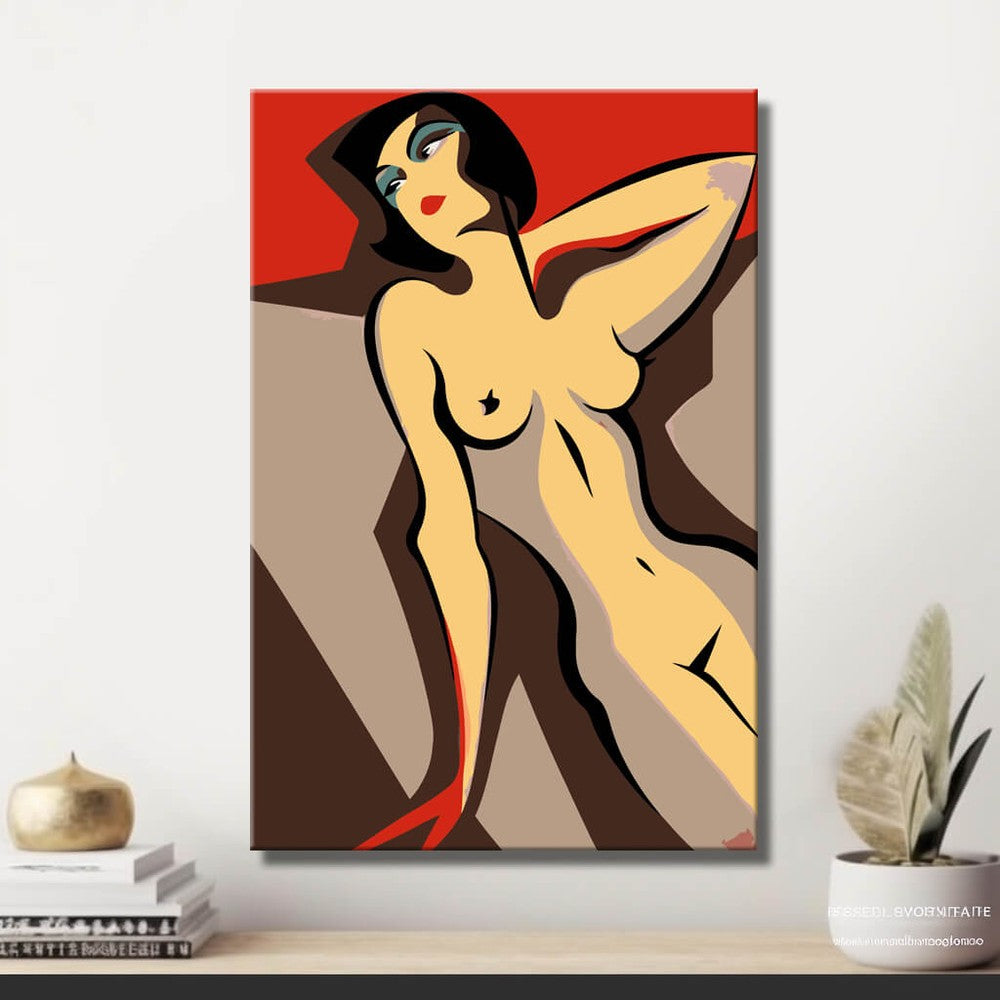 Nude woman minimalist line red background DIY art wall decor modern artwork