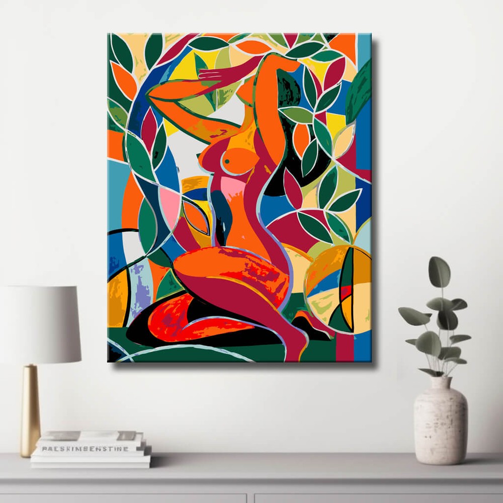 Nude woman leaves abstract colorful DIY art wall decor modern artwork