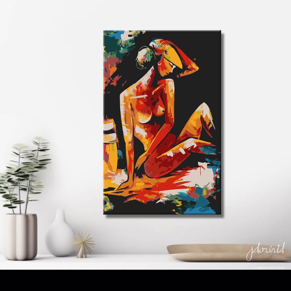 Nude woman kneeling red intense DIY art wall decor modern artwork