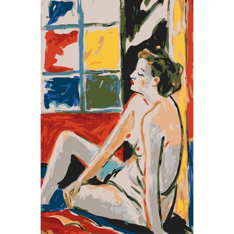 nude woman window sitting colorful