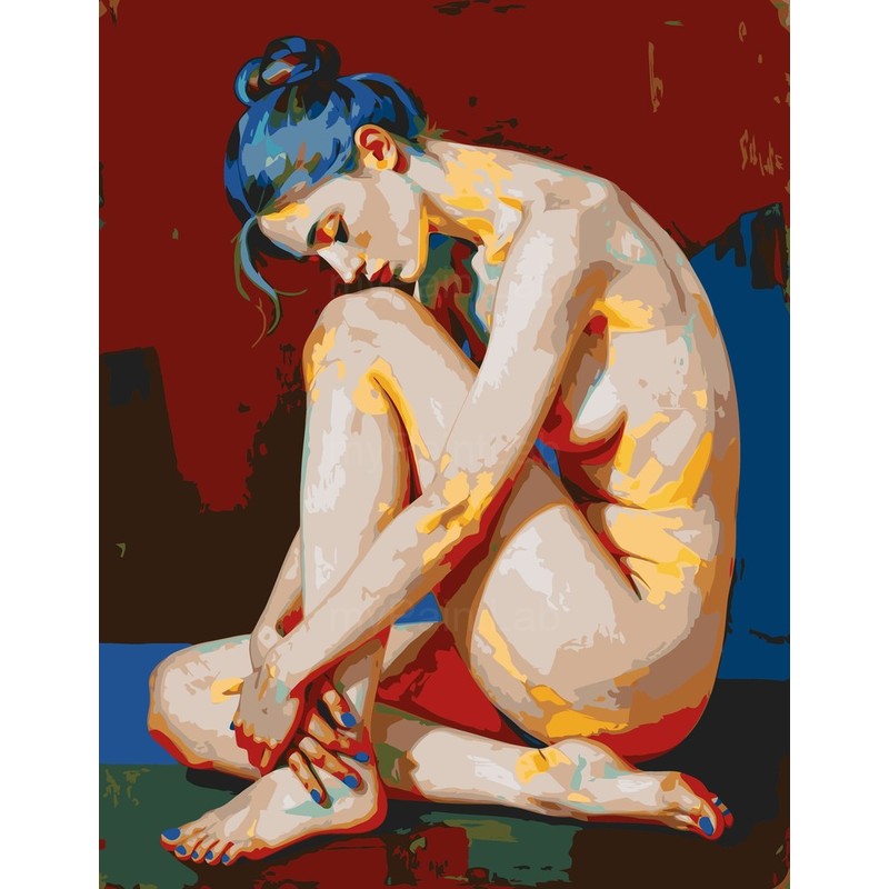 A seated nude woman against a red background with expressive posture and modern colors.