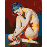 A seated nude woman against a red background with expressive posture and modern colors.