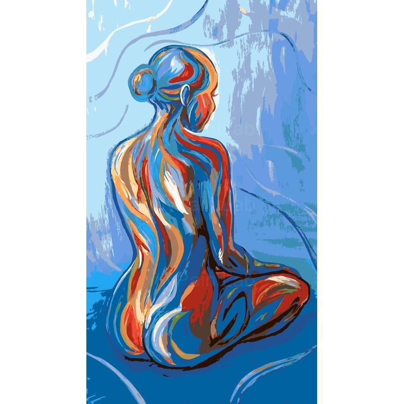 nude woman back sitting blue abstract