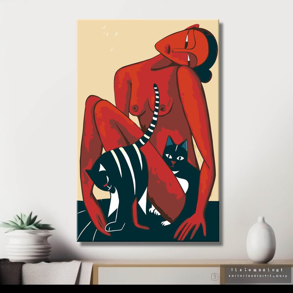 nude woman cats minimalist red DIY art wall decor modern artwork
