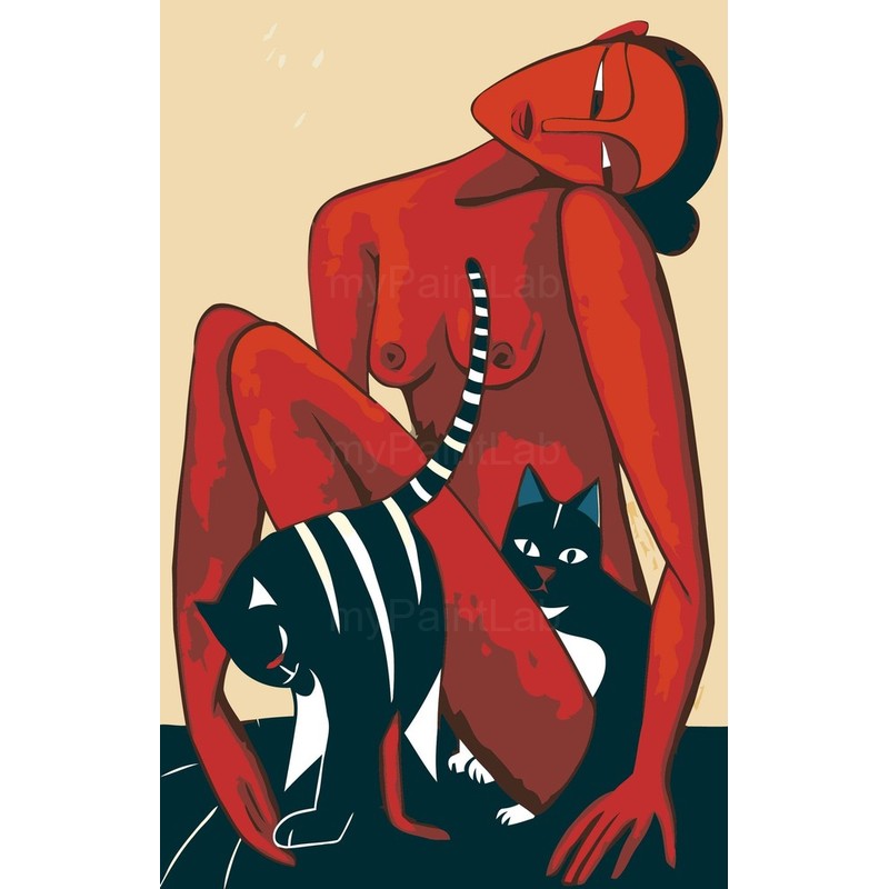 nude woman cats minimalist red