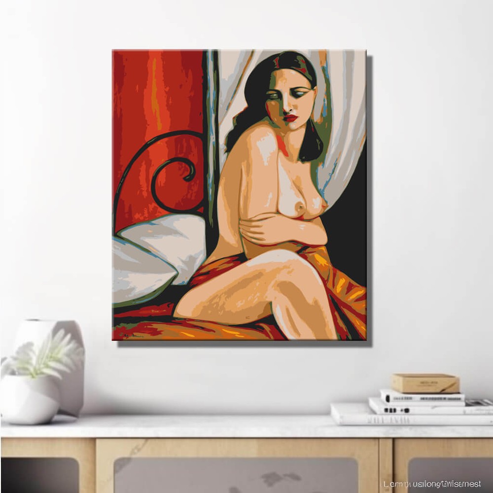 nude woman bed sensual red DIY art wall decor modern artwork